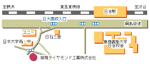 会社案内地図：日吉駅、慶應義塾大学日吉校舎、日本大学高校・中学校、城南ダイヤモンド工業株式会社