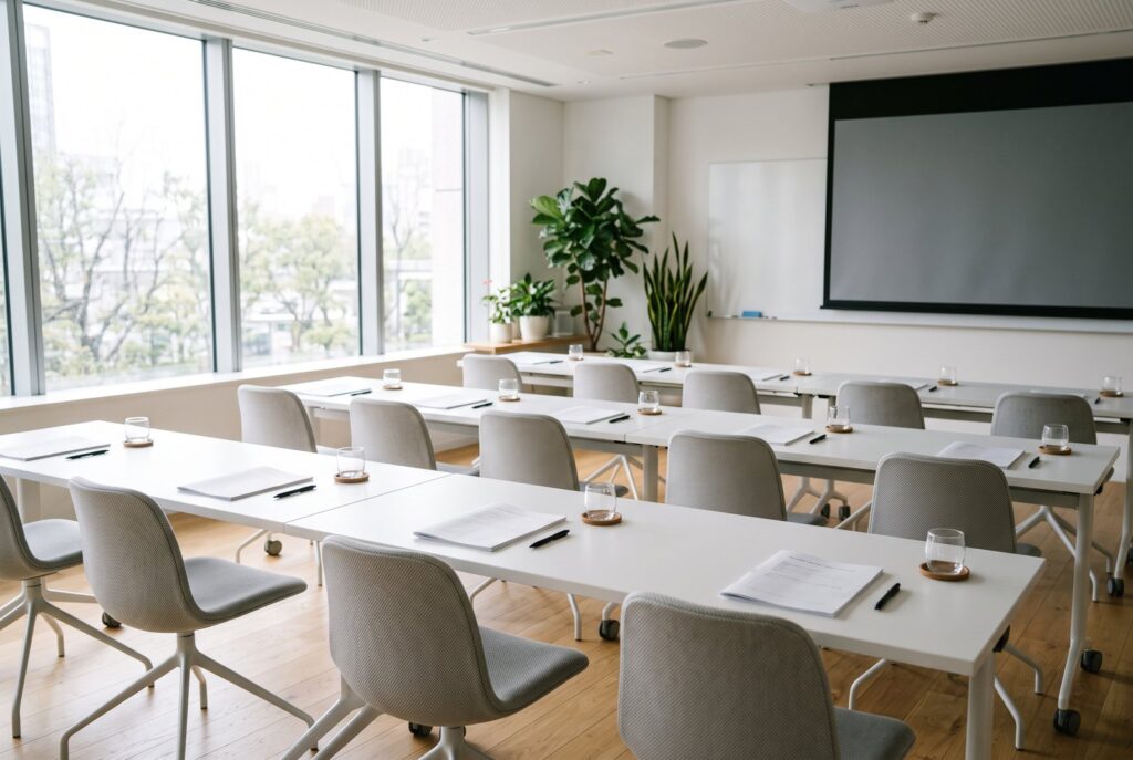 会社説明会の会場イメージ。机と椅子、資料が並んだ明るい会議室