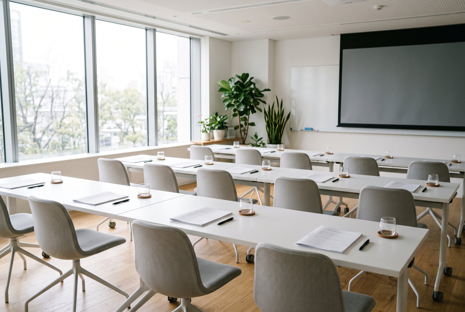 会社説明会の会場イメージ。机と椅子、資料が並んだ明るい会議室